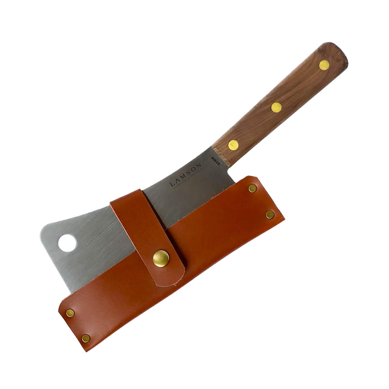 Lamson Leather Sheath for 7.25 Meat Cleaver, featuring a wooden-handled knife with a brown leather case, ideal for kitchen tool enthusiasts.