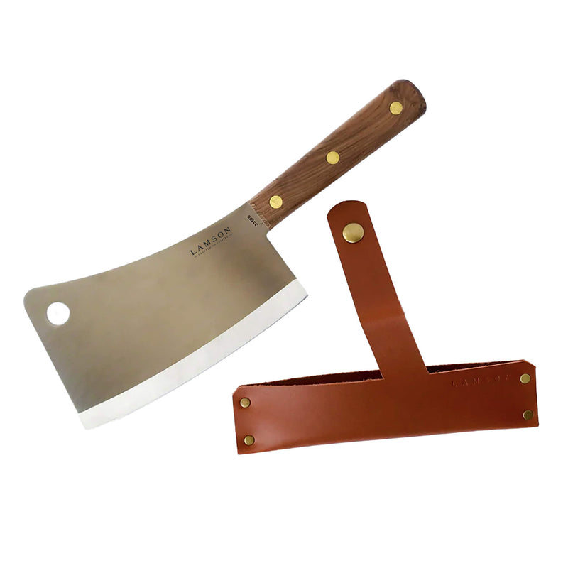 Lamson | RECEIVE ONLY Leather Sheath for 7.25 Meat Cleaver, featuring a knife with a wooden handle and leather sheath, sold as a set.