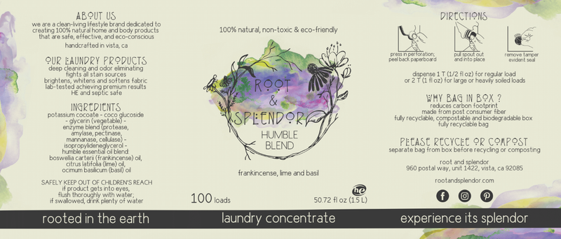Root & Splendor Laundry Soap Concentrate - Hush 1.5L, eco-friendly, ultra-concentrated formula, held by hand, suitable for sensitive skin and various fabrics.