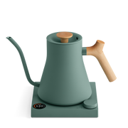 FELLOW - Stagg EKG Pro Electric Kettle: Smoke Green w/ Maple, featuring gooseneck spout, wooden accents, temperature display, and control dial on base for precision brewing.