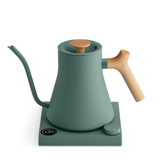 FELLOW - Stagg EKG Pro Electric Kettle: Hazy Blue w/ Maple, featuring a precise gooseneck spout, wooden accents, and digital temperature display on its base.