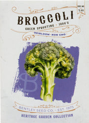 Bentley Seed Co. - Broccoli Green Sprouting 1800's seed packet, 600 mg, heirloom non-GMO variety, priced at $3.99, part of Heritage Garden Collection.