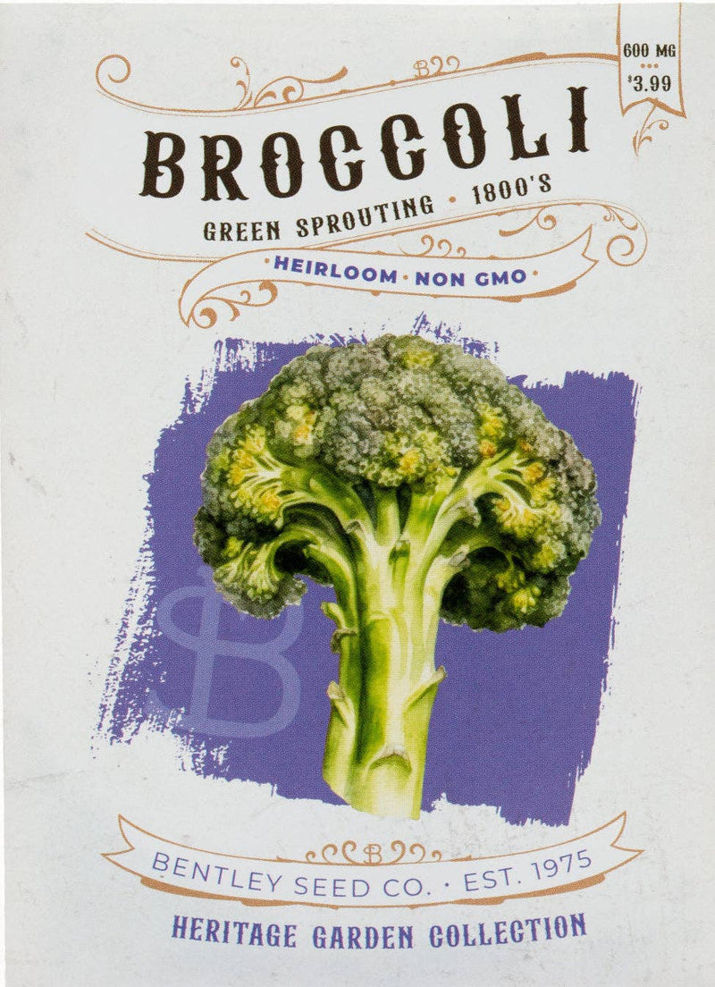 Bentley Seed Co. - Broccoli Green Sprouting 1800's seed packet, 600 mg, heirloom non-GMO variety, priced at $3.99, part of Heritage Garden Collection.