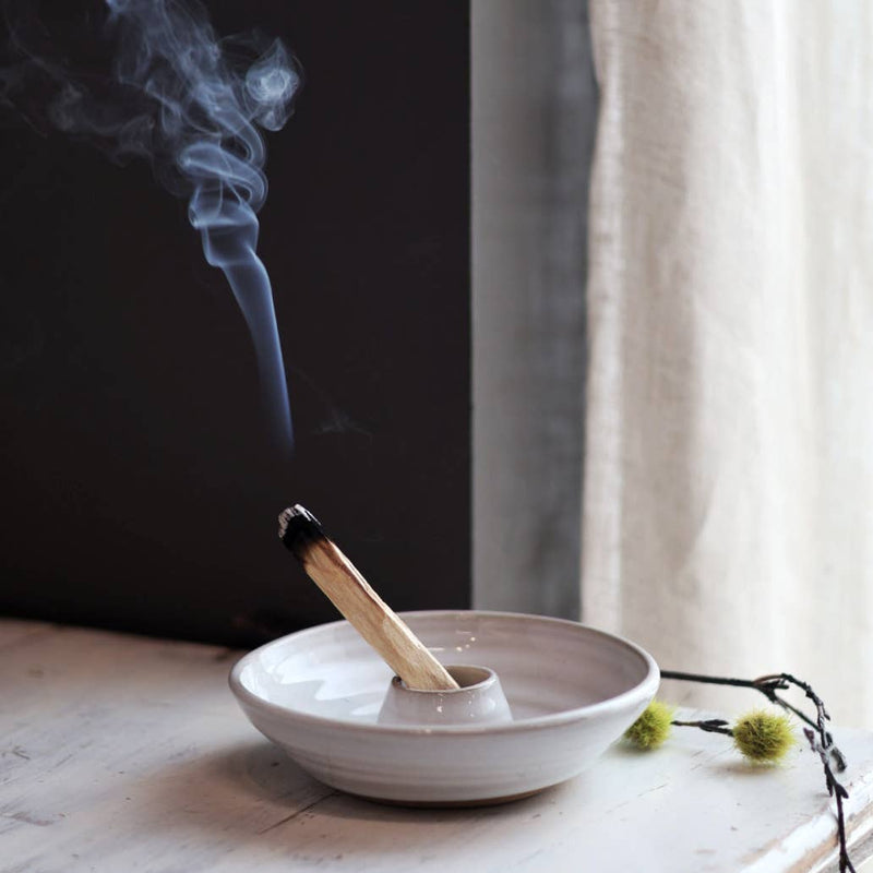 Gravesco Pottery Palo Santo Burning Ritual Dish: Black, featuring a smoldering incense stick in a handcrafted ceramic holder, perfect for mindful cleansing rituals.