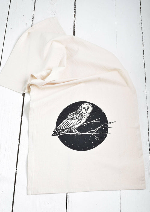 Hearth and Harrow - Organic Cotton Barn Owl Tea Towel - Black Print - Bird Kitch.