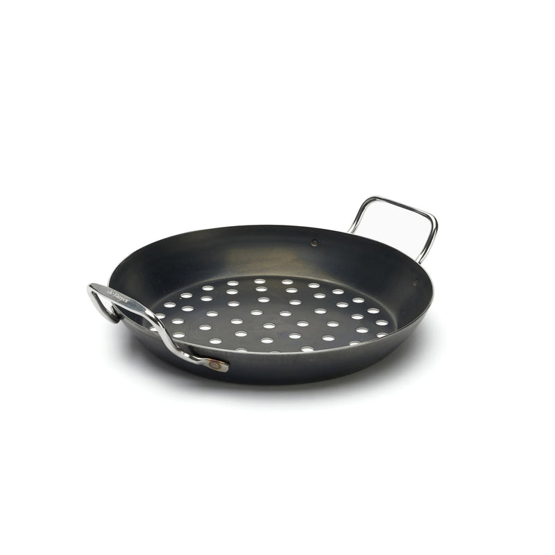 de Buyer | Outdoor Fry Pan - Long Handle, featuring a perforated design and dual handles, ideal for grilling delicate foods on BBQs with superior heat distribution.