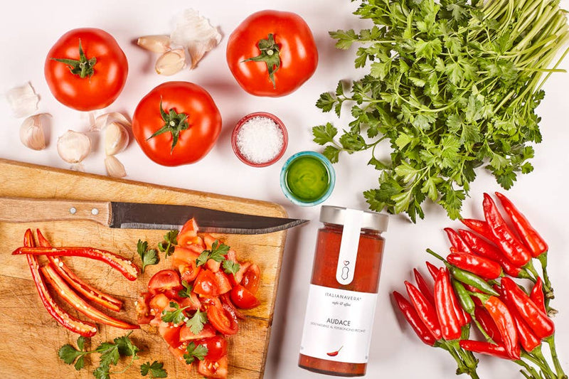 Zia Pia - Arrabbiata Tomato Sauce with Chili Pepper by Italianavera, showcased with fresh ingredients and a jar, highlighting authentic Italian craftsmanship for Athens Cooks customers.
