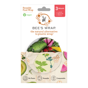 Bee's Wrap - Assorted 3 Pack - Herb Garden, Plant-Based Wax, featuring hexagon-shaped wraps with vegetable and fruit motifs, ideal for sustainable food preservation.