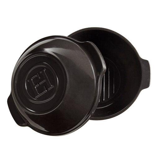 Emile Henry Bread Pot, Charcoal: Round ceramic cocotte with EH lid, ideal for baking tall loaves, featuring heat-distributing stoneware and versatile stovetop compatibility.