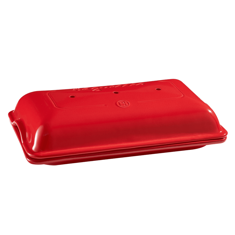 Emile Henry | Baguette Baker, Burgundy with vented lid for perfect crust. Ideal for baking baguettes at home; dishwasher safe and includes a recipe book.