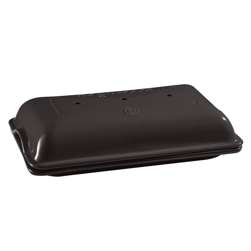 Emile Henry Baguette Baker in charcoal — overhead view of closed ceramic baker with vented lid