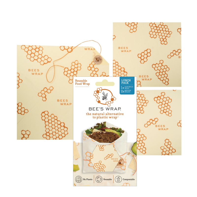 Bee's Wrap - Lunch 3 Pack - Honeycomb Print, featuring reusable sandwich and snack wraps with button tie, ideal for sustainable food storage.