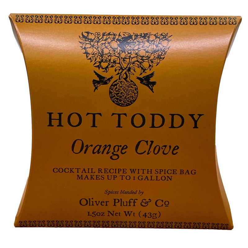 Oliver Pluff & Company - Orange Clove Hot Toddy - 1 Gallon Package, featuring a spice mix for creating a soothing winter cocktail with whiskey and honey.