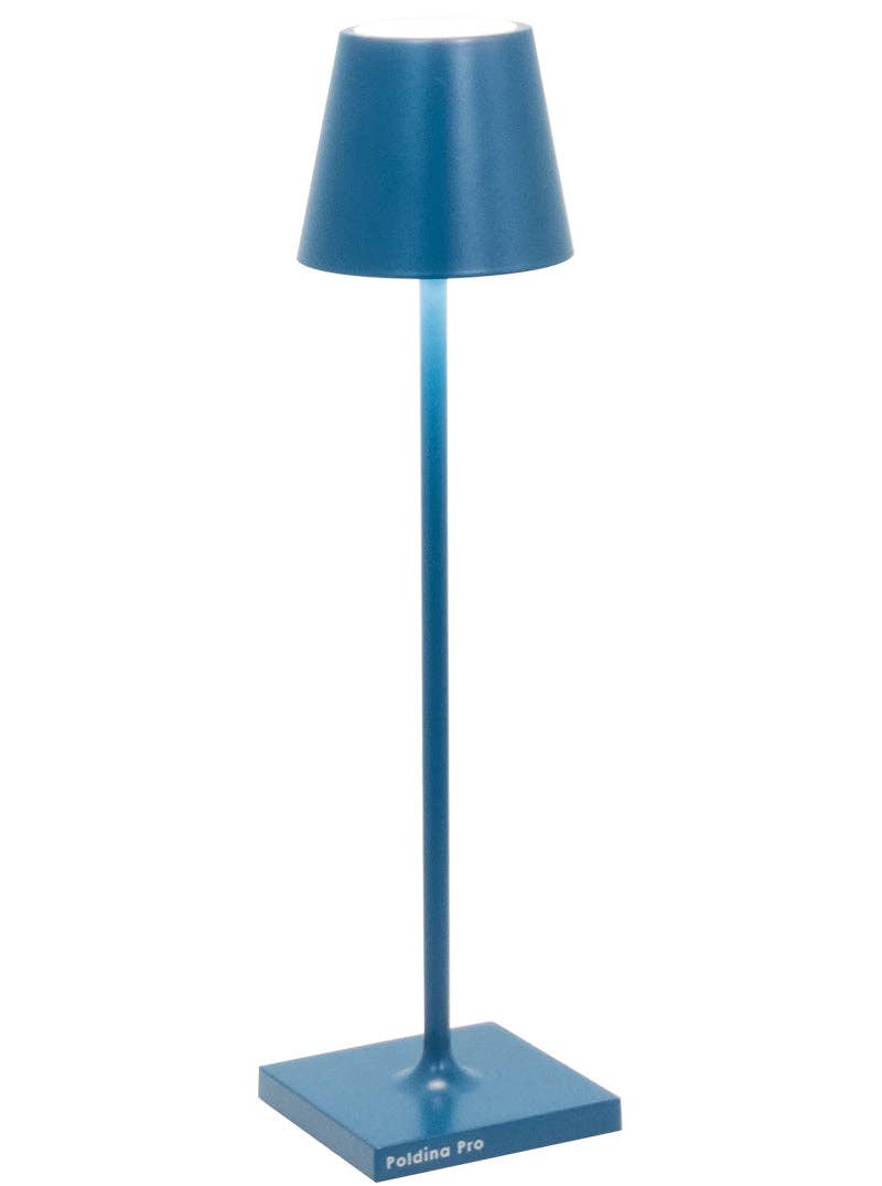 Zafferano America - Poldina Pro Micro Cordless Lamp: Sand, featuring a sleek blue body and lampshade, ideal for versatile indoor and outdoor lighting.