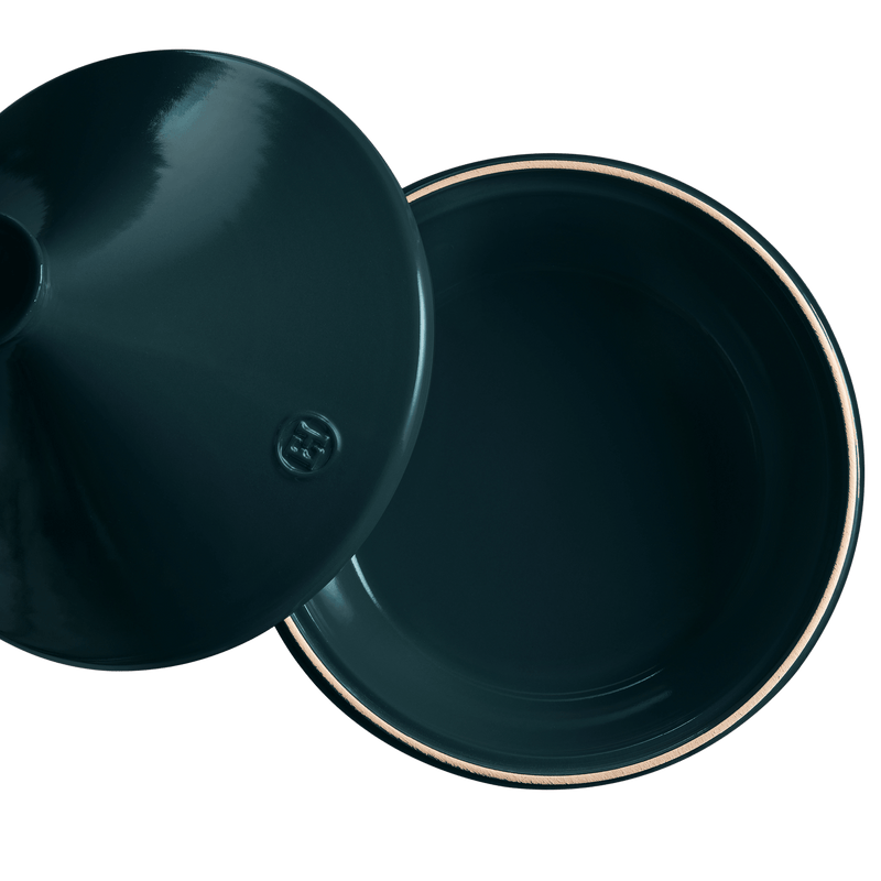 Emile Henry Tagine, Charcoal: A two-piece ceramic pot with a shallow base and conical lid, ideal for slow-cooked dishes, made in France.