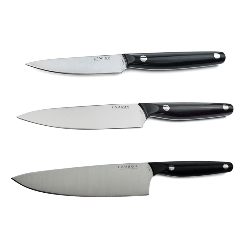 Lamson Vintage 3-Piece Cook's Set featuring knives with black handles and precision blades, showcasing exceptional craftsmanship and ergonomic design for superior kitchen performance.
