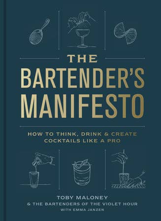Cover of The Bartender's Manifesto by Toby Maloney, featuring illustrations of cocktail tools, offered by Athens Cooks, a curated kitchen store.
