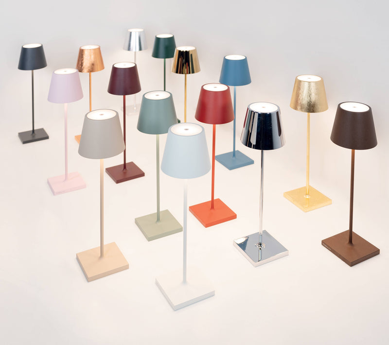 Zafferano America - Poldina Pro Cordless Lamp: Rust, features a modern design with a square base and conical shade, ideal for stylish, cordless lighting.