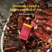 Diaspora Co. Spices - Steak Masala beside a plate of grilled meat, showcasing the spice blend's appeal for enhancing meat dishes.