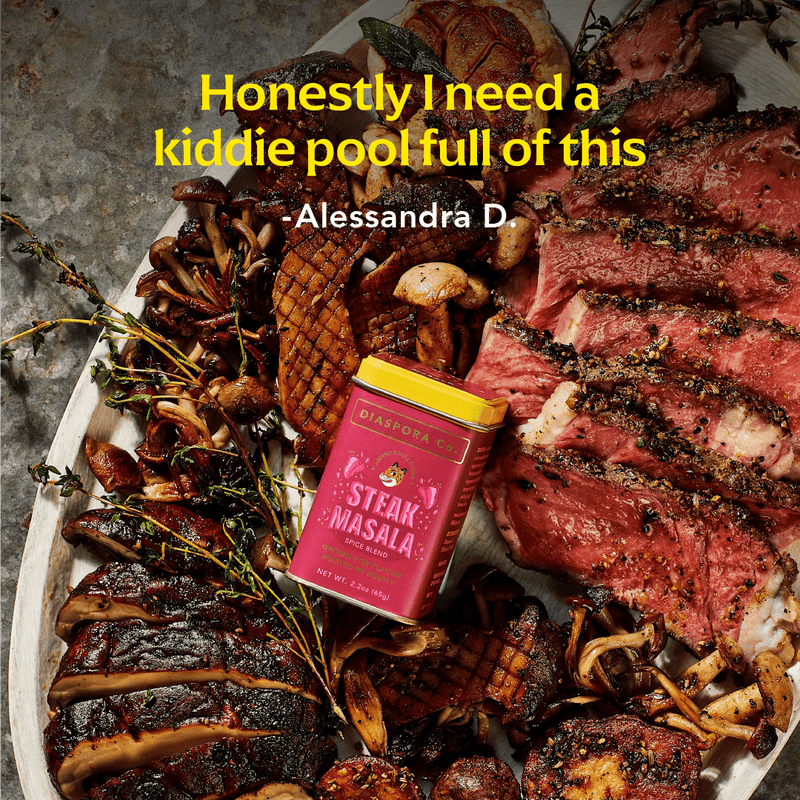 Diaspora Co. Spices - Steak Masala beside a plate of grilled meat, showcasing the spice blend's appeal for enhancing meat dishes.