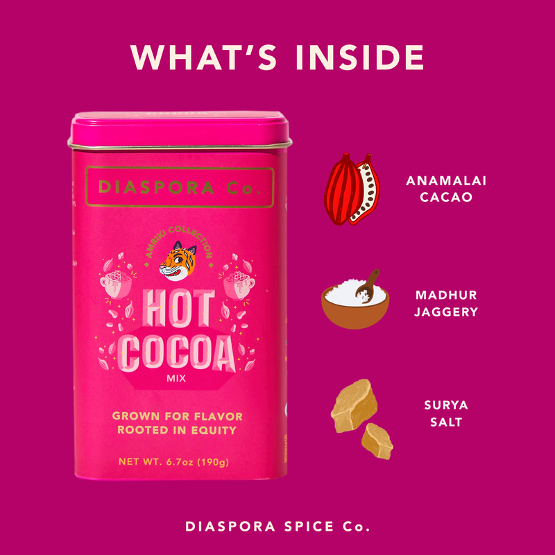 Diaspora Spice Co. Hot Cocoa Mix tin with Anamalai cacao, Madhur jaggery, and Surya salt illustrations; makes over 30 cups of naturally-sweetened hot chocolate.