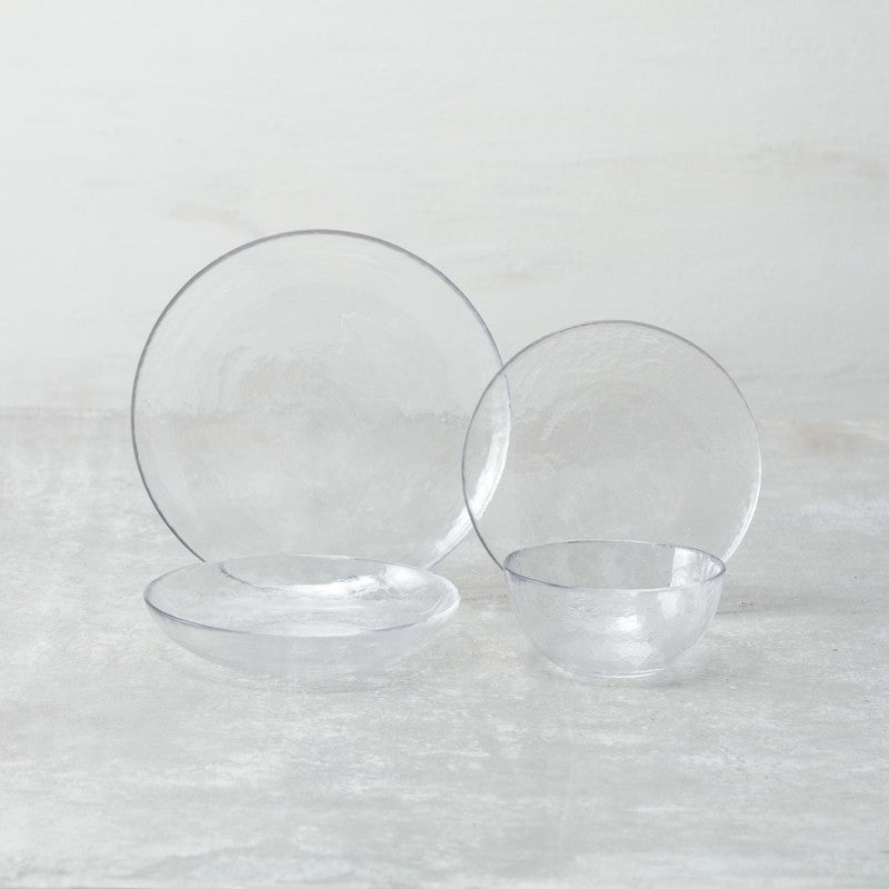 Zwiesel Fortessa Los Cabos Clear 21oz Cereal Bowl, 6 Inches, showcased with textured glass dinnerware set on a light surface, emphasizing elegance and practicality.