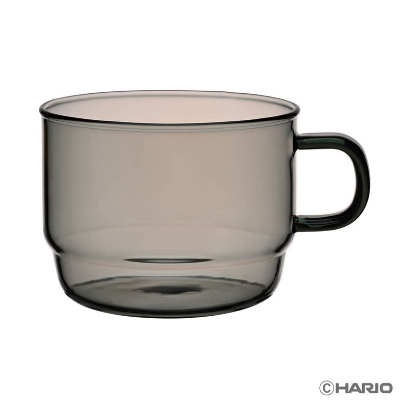 HARIO USA - HARIO Colors Glass Stackable Mug, 300ml: Grey, a smokey-tinted, heatproof glass mug with a small handle, ideal for coffee or soup.
