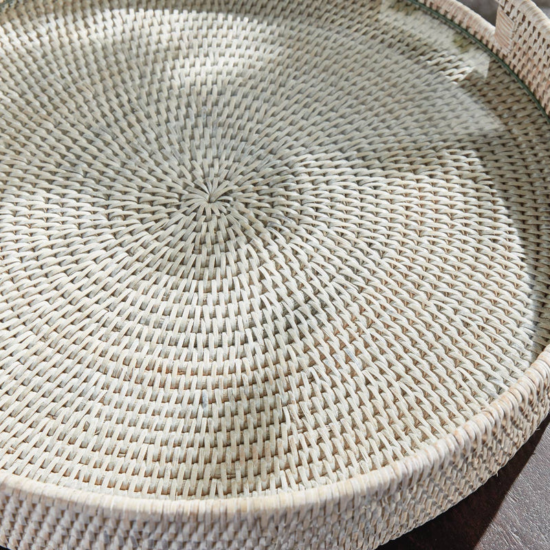 Napa Home & Garden | Burma Rattan Round Serving Tray Large, White, expertly woven by artisans in Myanmar, ideal for serving and organizing, reflecting timeless design and functionality.