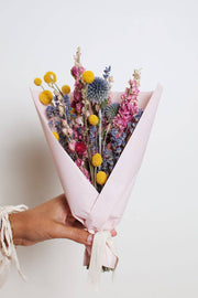 Idlewild Floral Co. - Bright Small Field Bouquet: A hand-held dried floral arrangement with billy-balls, blue thistles, lavender, and pink blooms, wrapped in pink paper and tied with a ribbon.