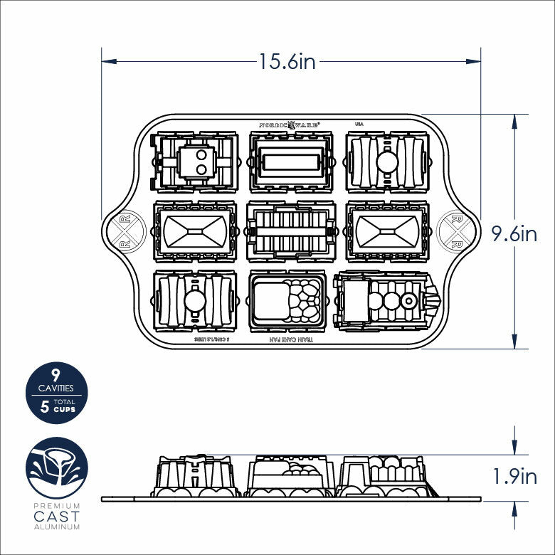 Nordic Ware | Train Cake Pan with nine different train shapes for baking, ideal for creative baking projects with children.