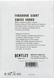 Bentley Seed Co. - Swiss Chard-Fordhook Giant seed packet back, detailing growing instructions, harvest time, Non-GMO, sustainable packaging, and contact information.