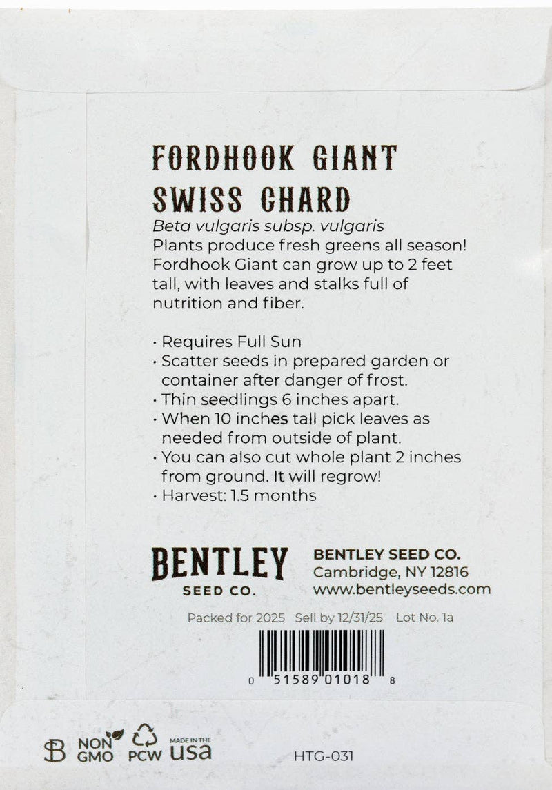 Bentley Seed Co. - Swiss Chard-Fordhook Giant seed packet back, detailing growing instructions, harvest time, Non-GMO, sustainable packaging, and contact information.
