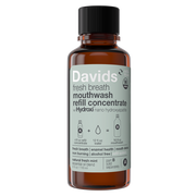 Davids Hydroxi™ fresh breath mouthwash refill concentrate in a 4 oz amber bottle, promoting enamel health and fresh mint flavor for sustainable oral care.