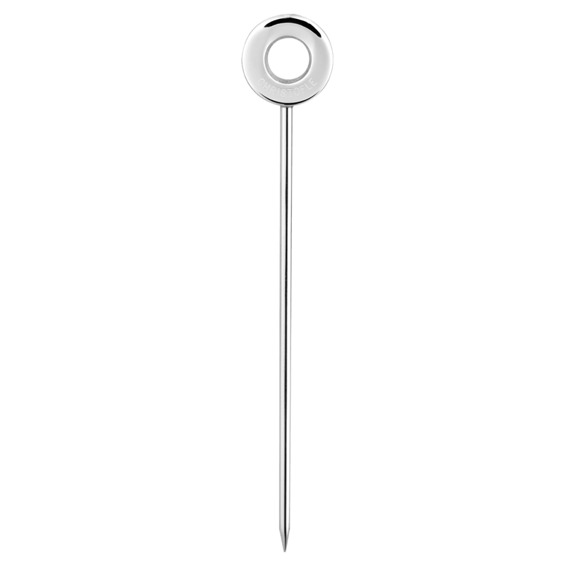 Christofle | Oh De Stainless Steel Cocktail Pick features a polished silver finish, ring handle, and engraved branding, ideal for elegant outdoor dining and entertaining.