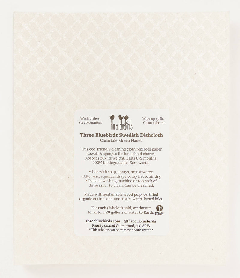 Three Bluebirds Swedish Dishcloth - Peaches, featuring a white label. Ideal for eco-friendly cleaning, replacing paper towels, and is biodegradable.