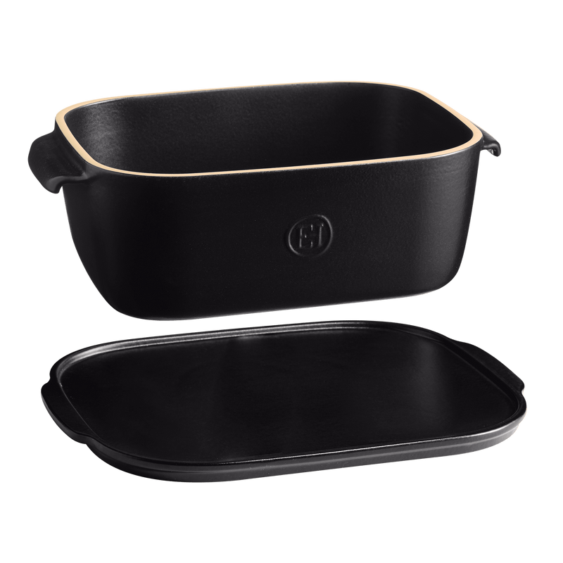 Emile Henry Cheese Box, Clay: Two-piece set with a rectangular casserole pan and a reversible flat lid serving as a griddle or trivet.
