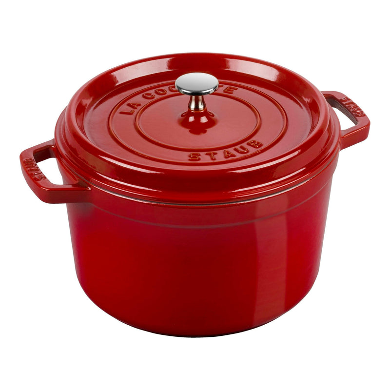 Staub | 5 Qt Deep Round Cocotte - Cherry Red, ideal for large meals, features a tall design for efficient cooking and exceptional heat retention.