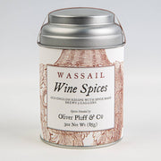 Oliver Pluff & Company - Wine Spices Wassail Kit: A cylindrical canister with wire handle, labeled for brewing 3 gallons of spiced wine, includes spice bags.