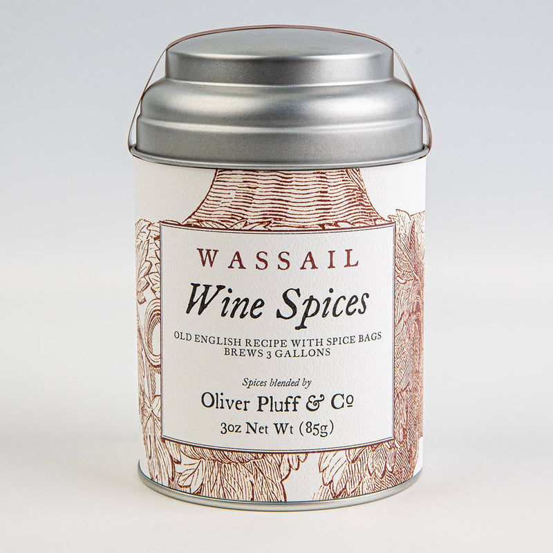 Oliver Pluff & Company - Wine Spices Wassail Kit: A cylindrical canister with wire handle, labeled for brewing 3 gallons of spiced wine, includes spice bags.