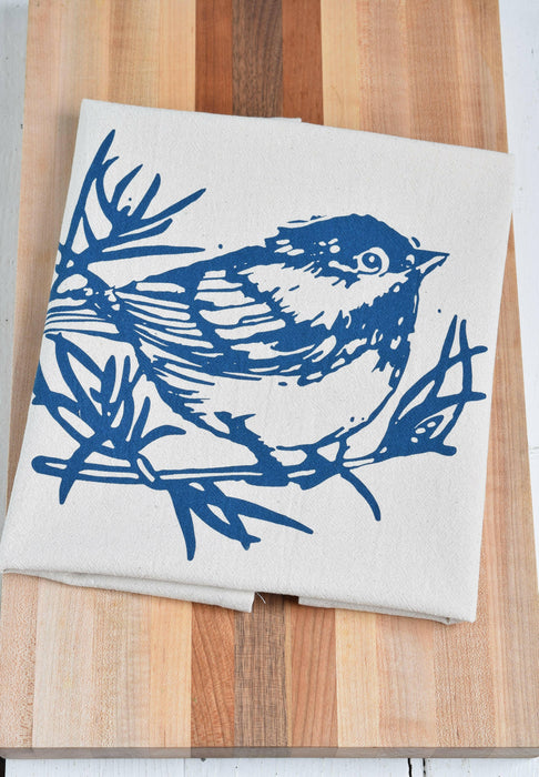 Hearth and Harrow - Organic Cotton Chickadee Tea Towel in Navy Blue.