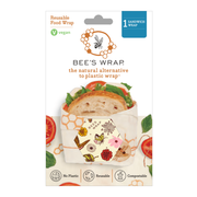 Bee's Wrap - Sandwich Wrap - Meadow Magic, Vegan Wax: Retail box featuring reusable, plastic-free wrap with flower print, vegan badge, and compostable icons. Includes one 13 x 13 wrap.