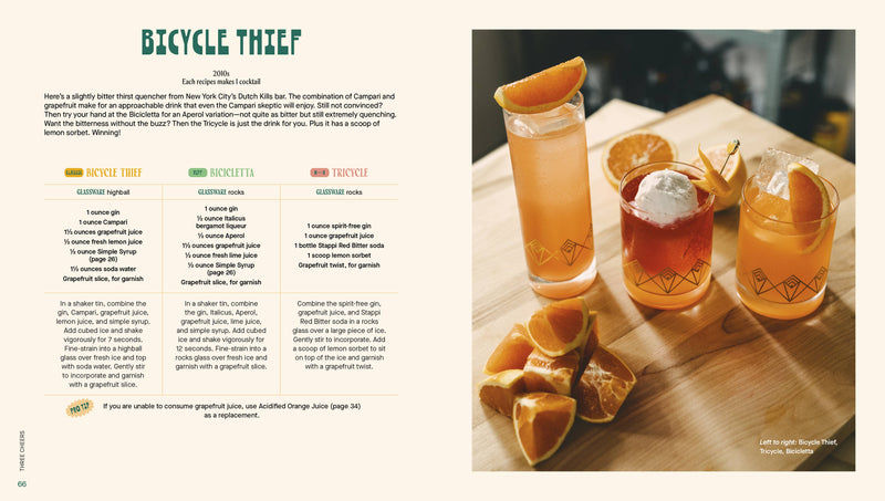 Penguin Random House LLC - Three Cheers cocktail book page, featuring Bicycle Thief recipes and drink photo, showcasing classic, riff, and non-alcoholic versions with grapefruit garnish.