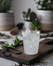 Farmhouse Pottery - Farmhouse Glasses: Set of 6 - Large, shown with a mint-garnished drink, highlighting their elegant borosilicate glass design and practicality for everyday use.