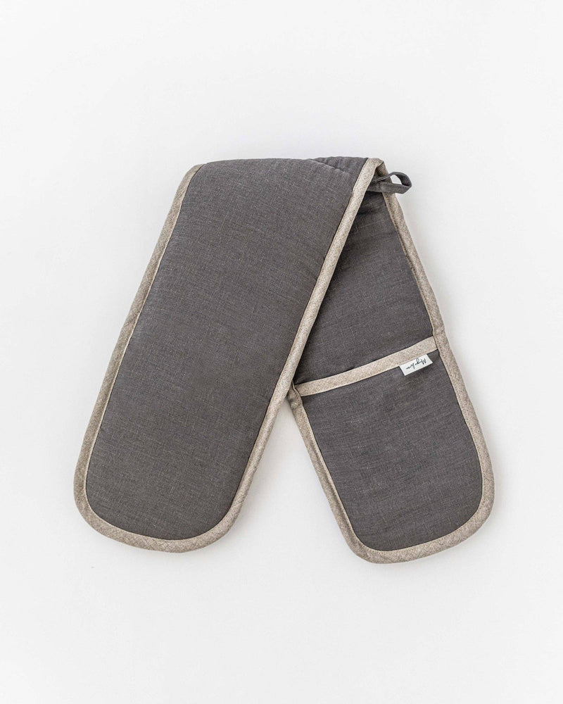 MagicLinen Double oven mitt in Natural Gingham, designed to protect hands and arms from heat, part of a zero-waste initiative using excess linen.