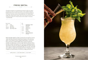 Cocktail book spread featuring FRESH METAL recipe with a tiki-style drink in a tulip glass, highlighting The Bartender's Manifesto by Penguin Random House LLC.