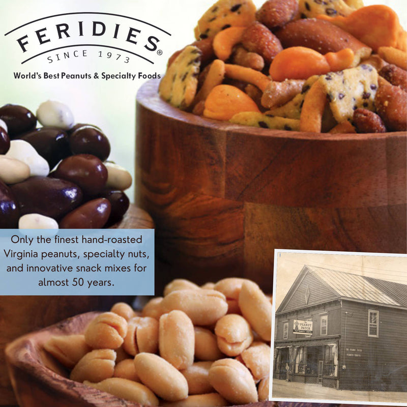 FERIDIES - 9 oz. Salted Virginia Peanuts in wooden bowls, highlighting hand-roasted quality and heritage, with a focus on pure peanut flavor and crunch.