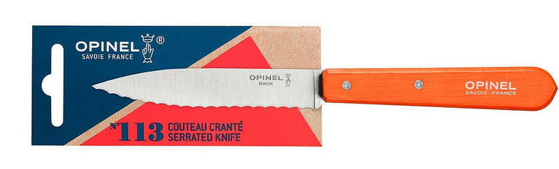 Opinel | Essential Birdsbeak Vegetable Knife with scalloped-edge stainless steel blade and orange wooden handle, ideal for precise fruit and vegetable cutting, presented on original packaging.