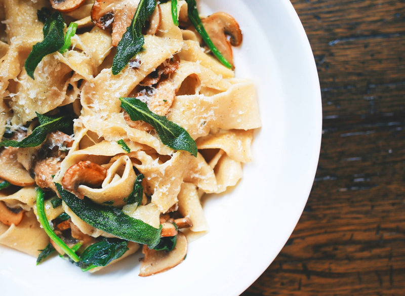 Nicola's Marketplace - Pappardelle, fresh pasta with mushrooms, greens, sage, and cheese, ideal for Italian dishes; made from premium, local ingredients; dairy-free and preservative-free.