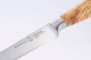 Messermeister Oliva Elite Reverse Scalloped Utility Knife with olive wood handle and serrated blade, perfect for slicing textured and smooth foods effortlessly.