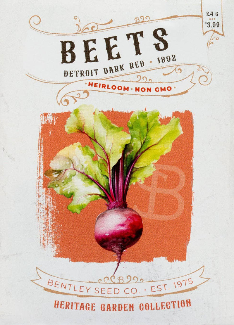 Bentley Seed Co. - Beets-Detroit Dark Red 1892 seed packet features heirloom, non-GMO beets illustration, growing instructions, and price. Perfect for Athens Cooks' health-conscious gardeners.